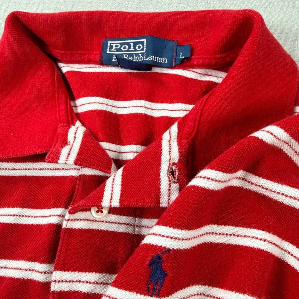 Vintage Y2K Ralph Lauren Boys Large Red White Striped‎ Short Sleeve Polo Shirt